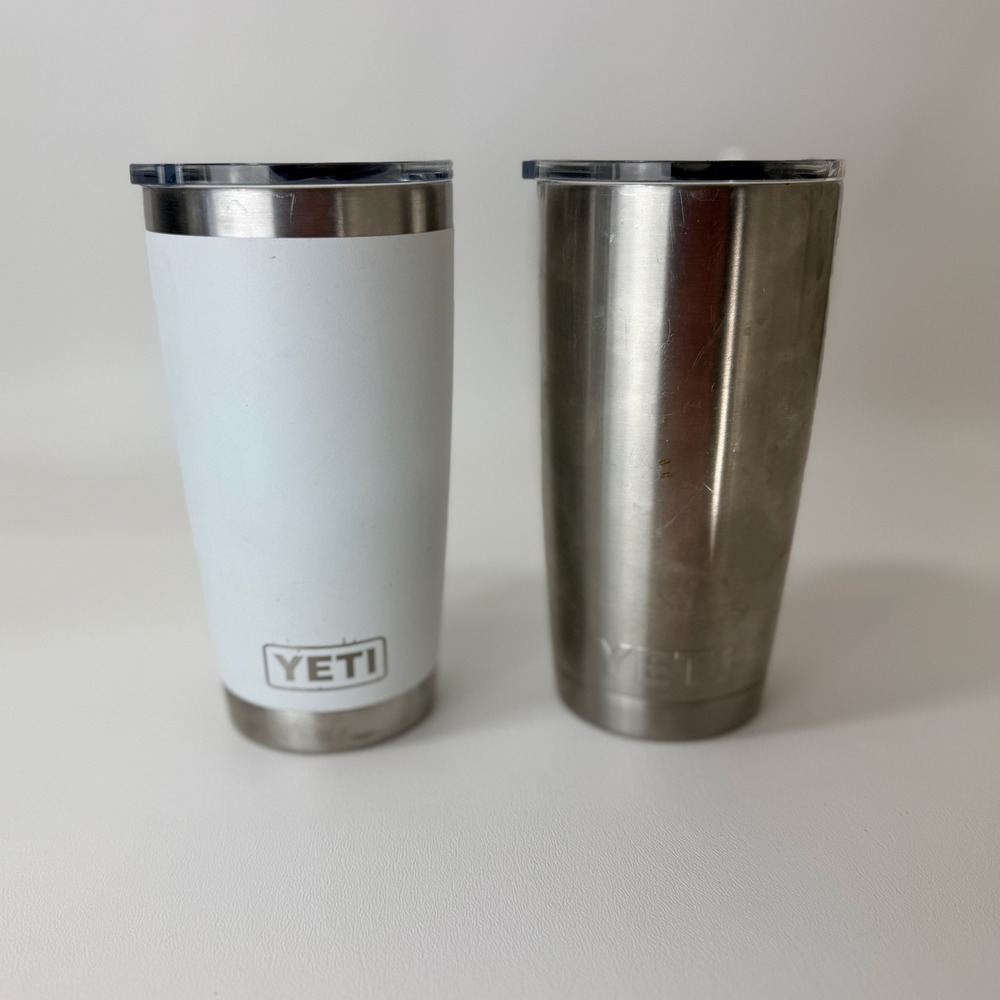Yeti Rambler Tumbler 2 each Preowned White and Silver Both with Magslider lids